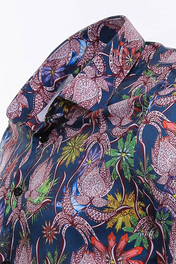 Colorful Floral Patterned Slim Fit Long Sleeves Navy Blue Men Shirt - Wessi