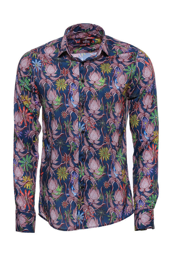 Colorful Floral Patterned Slim Fit Long Sleeves Navy Blue Men Shirt - Wessi