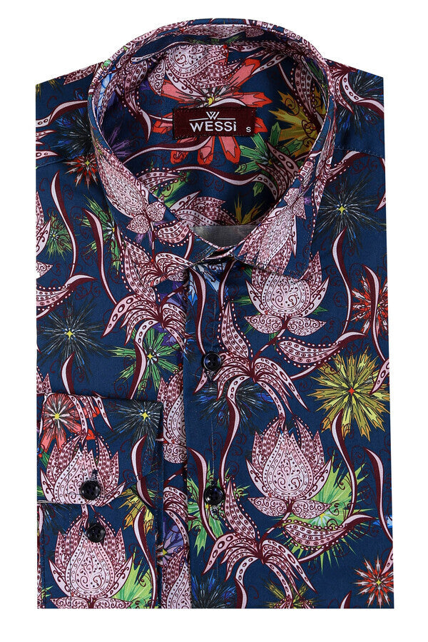 Colorful Floral Patterned Slim Fit Long Sleeves Navy Blue Men Shirt - Wessi