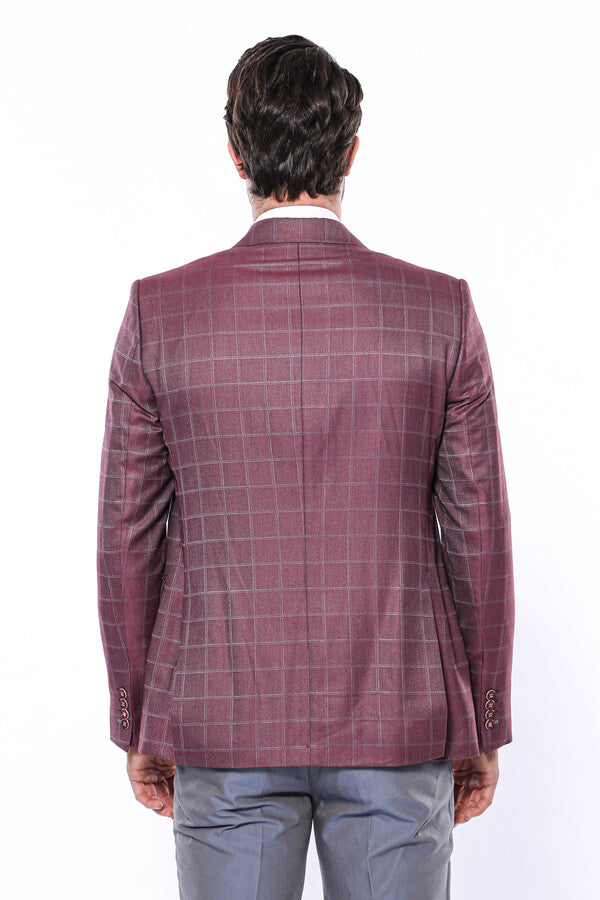 Combined Vested Burgundy Plaid Men's Suit - Wessi