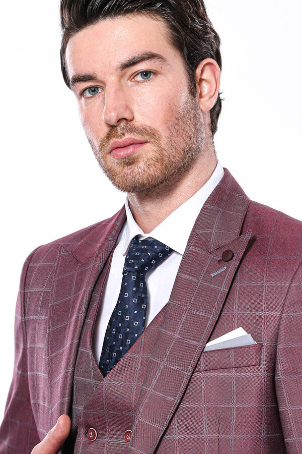 Combined Vested Burgundy Plaid Men's Suit - Wessi