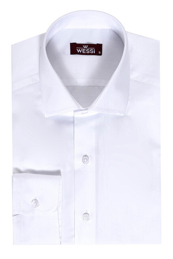 Camisa de satén de algodón lisa de corte entallado para hombre, color blanco - Wessi