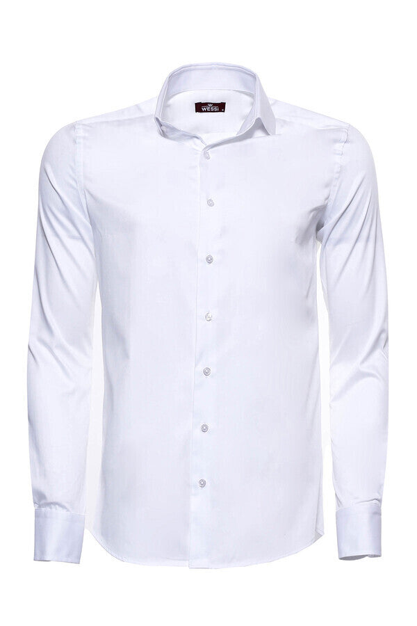 Camisa de satén de algodón lisa de corte entallado para hombre, color blanco - Wessi