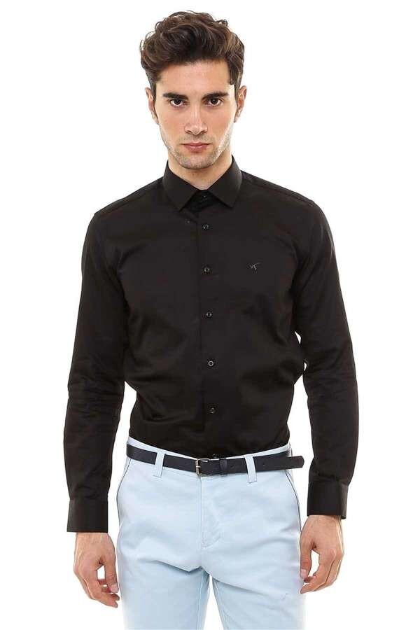 Camisa de satén de algodón de corte ajustado para hombre, color negro - Wessi