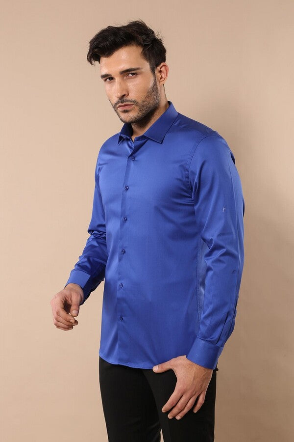 Cotton Satin Slim Fit Blue Men Shirt - Wessi