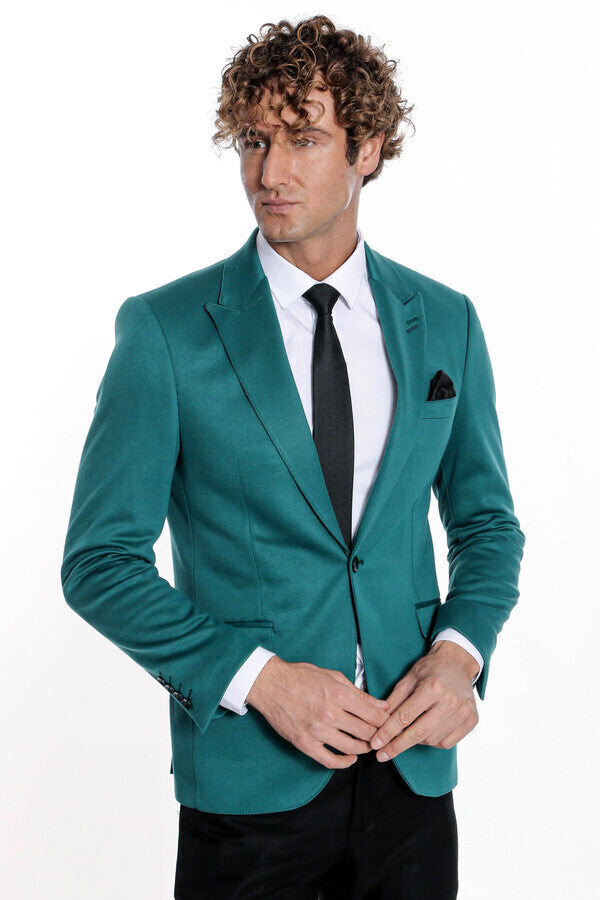 Cotton Slim Fit Plain Green Men Blazer - Wessi