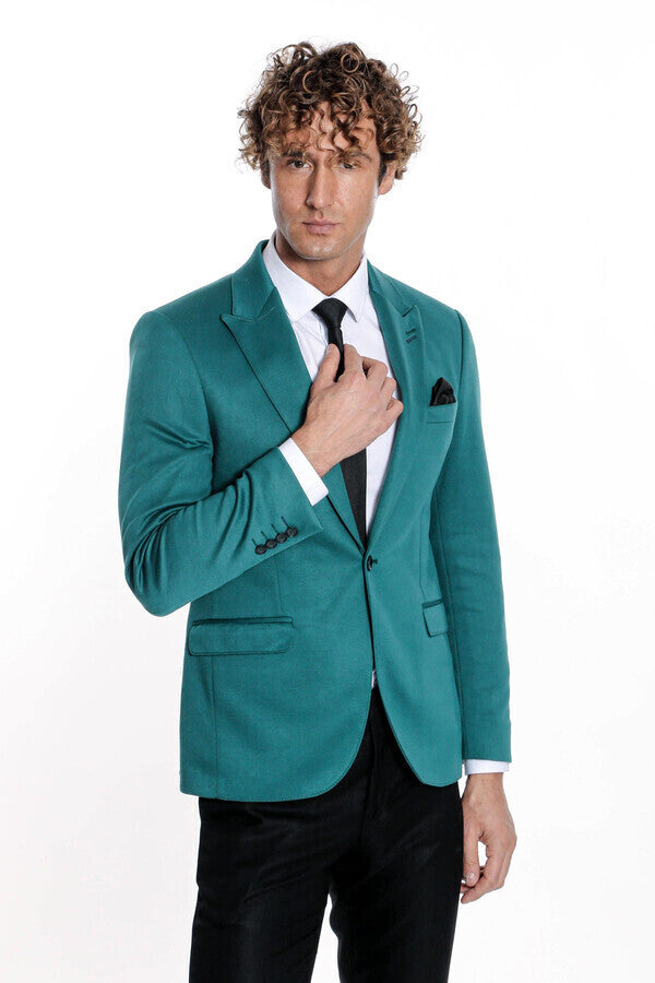 Blazer de algodón verde liso de corte entallado para hombre - Wessi