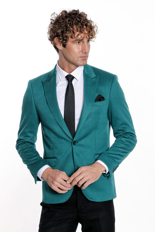 Blazer de algodón verde liso de corte entallado para hombre - Wessi