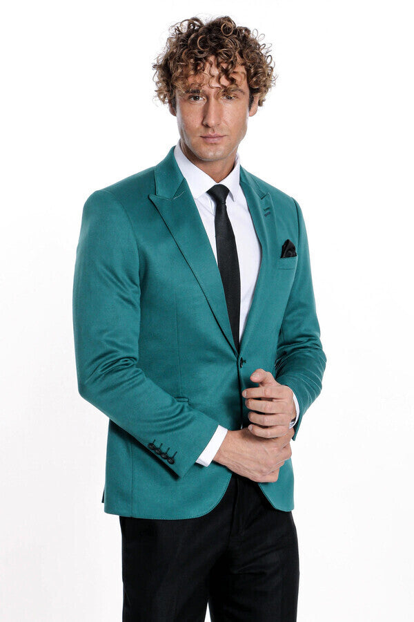 Blazer de algodón verde liso de corte entallado para hombre - Wessi