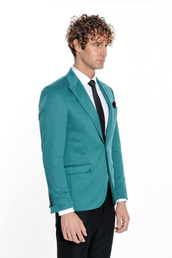 Blazer de algodón verde liso de corte entallado para hombre - Wessi