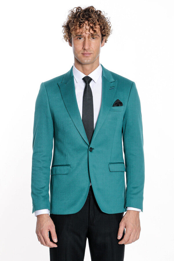 Blazer de algodón verde liso de corte entallado para hombre - Wessi