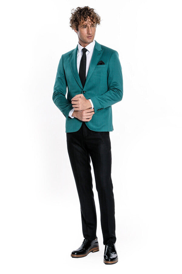 Blazer de algodón verde liso de corte entallado para hombre - Wessi