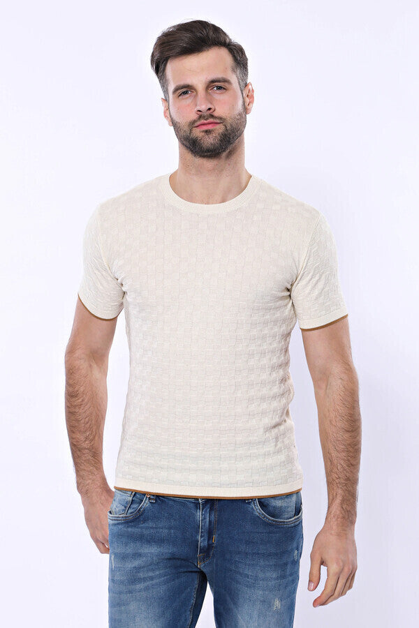 Cream Patterned Tricot Knitted T-Shirt - Wessi