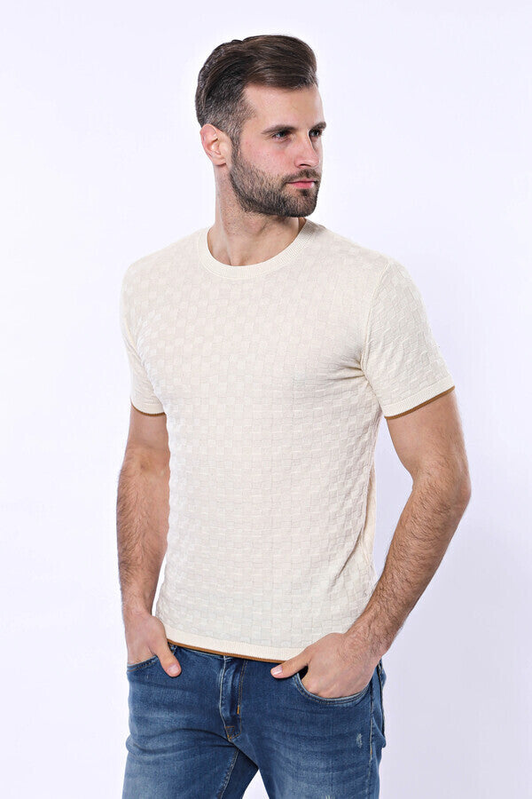 Cream Patterned Tricot Knitted T-Shirt - Wessi