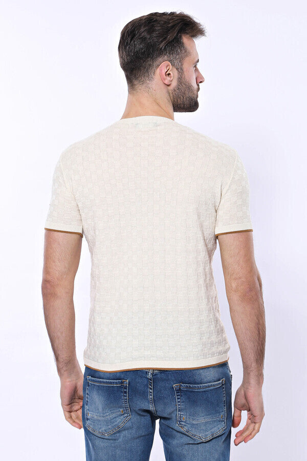 Cream Patterned Tricot Knitted T-Shirt - Wessi