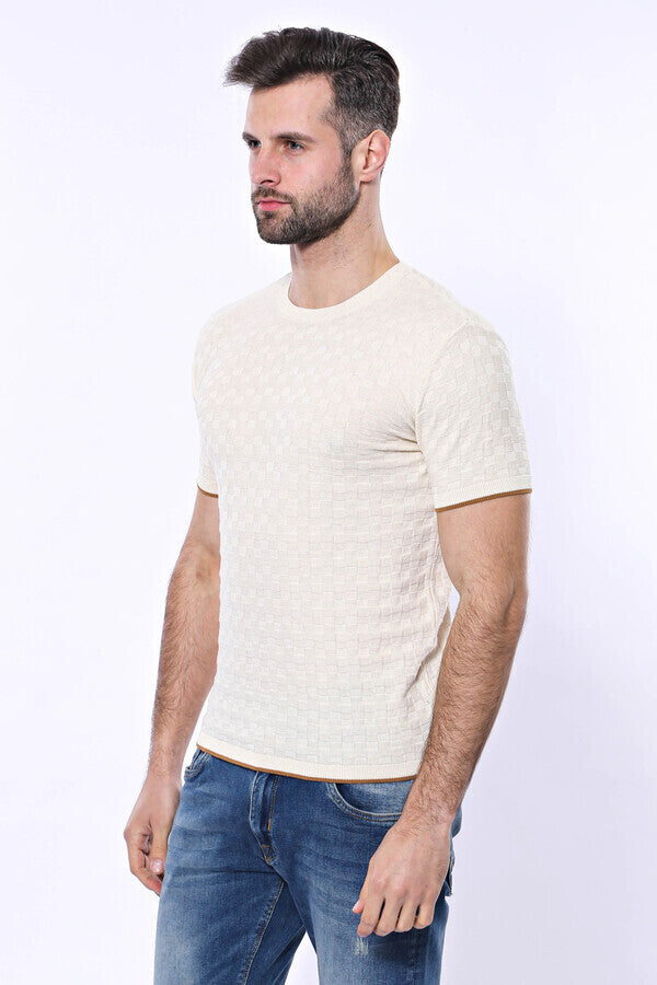 Cream Patterned Tricot Knitted T-Shirt - Wessi