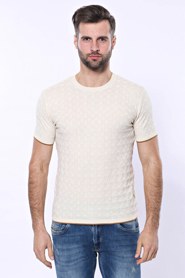 Cream Patterned Tricot Knitted T-Shirt - Wessi