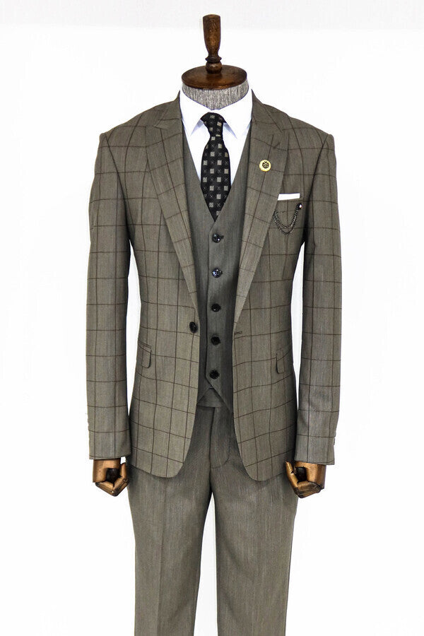 Cream Plaid Peak Lapel 3 Piece Suit - Wessi