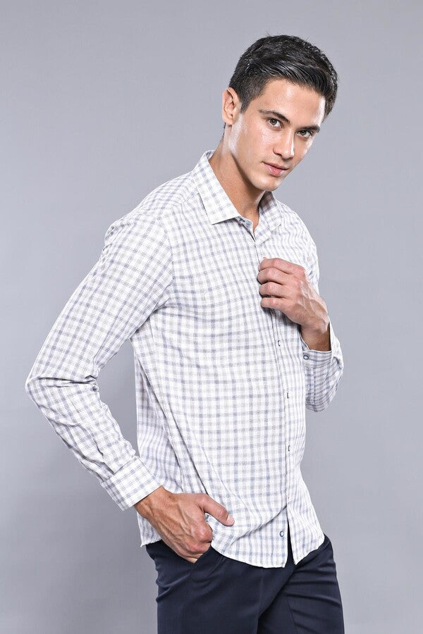 Camisa de cuadros entallada color crema para hombre - Wessi