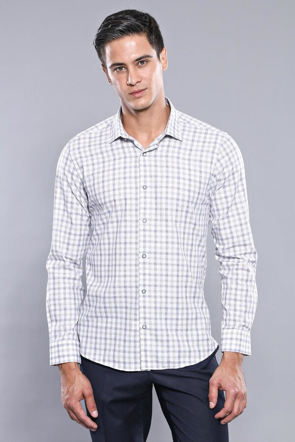 Cream Slim Fit Check Men's Shirt - Wessi