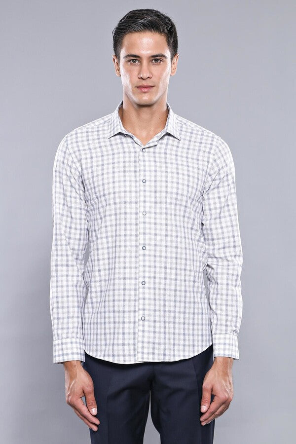 Cream Slim Fit Check Men's Shirt - Wessi