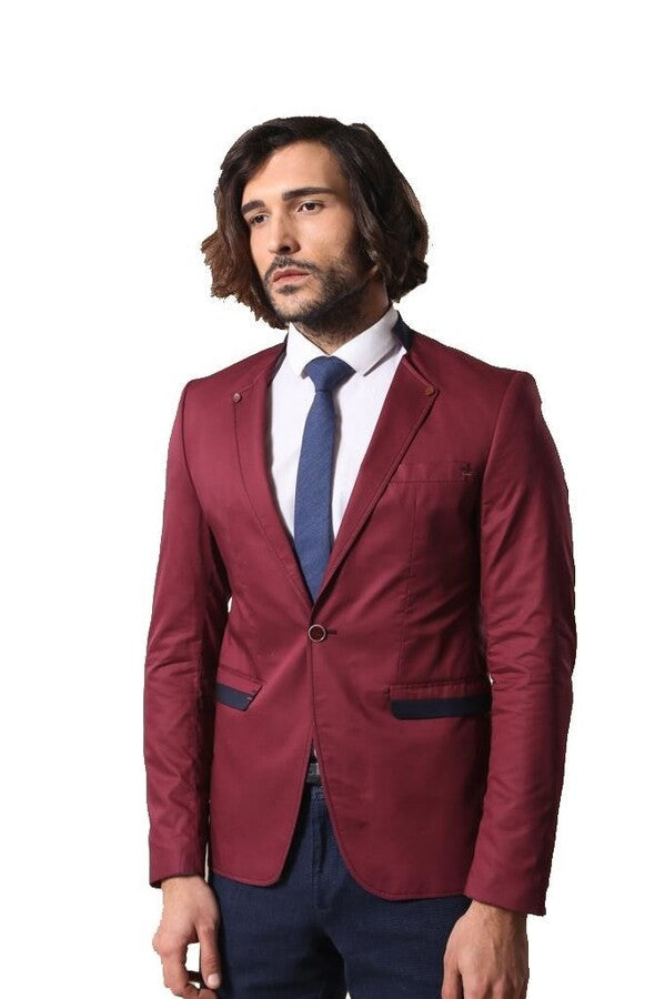 Crew Neck Burgundy Men Blazer - Wessi