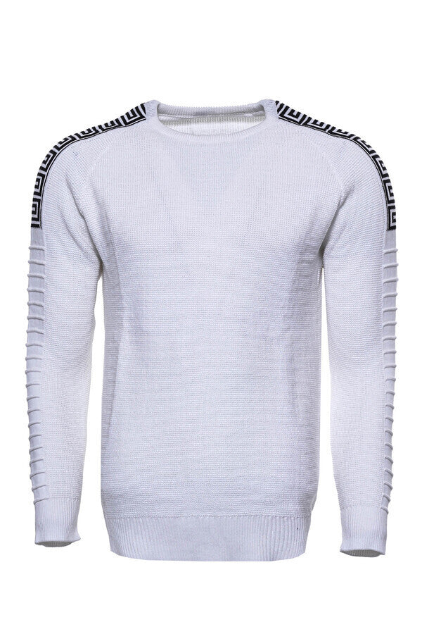 Crew Neck Knitwear Arms Patterned Over White - Wessi