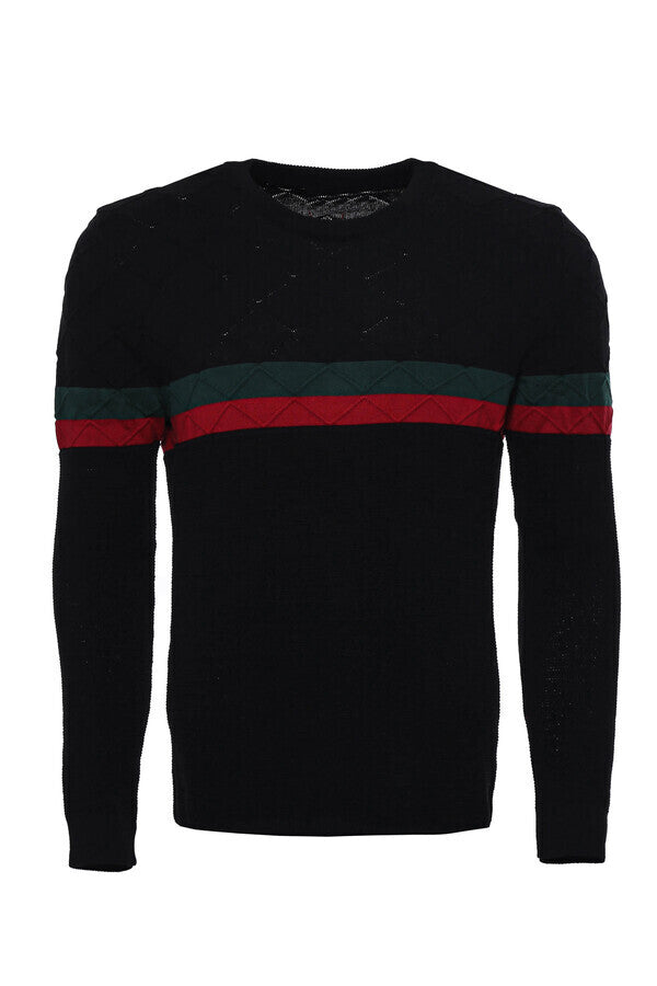 Crew Neck Knitwear Chest Striped Over Black - Wessi