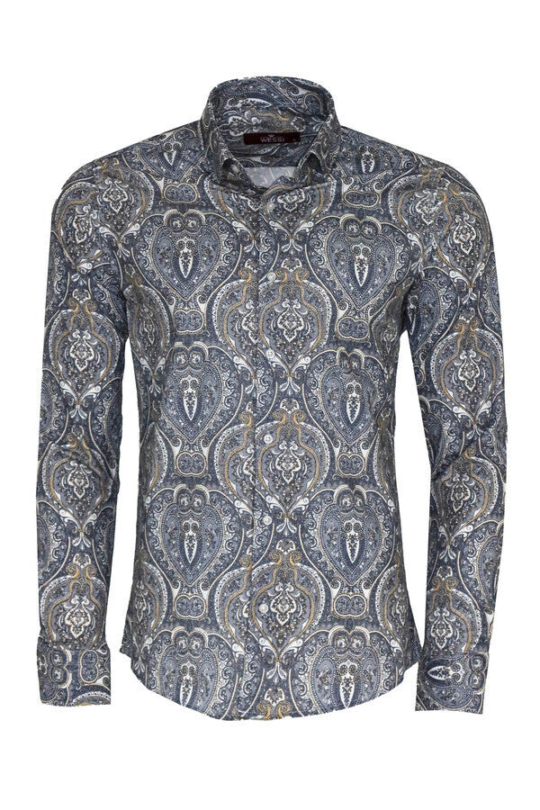 Damask Pattern Blue Slim Fit Shirt - Wessi