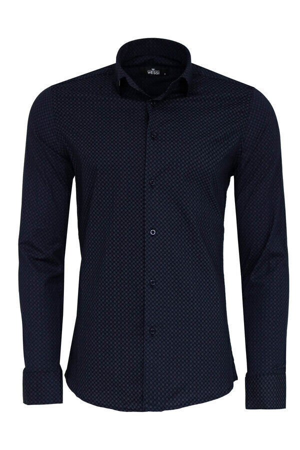 Camisa de corte entallado con estampado de cuadros diminutos en azul oscuro - Wessi