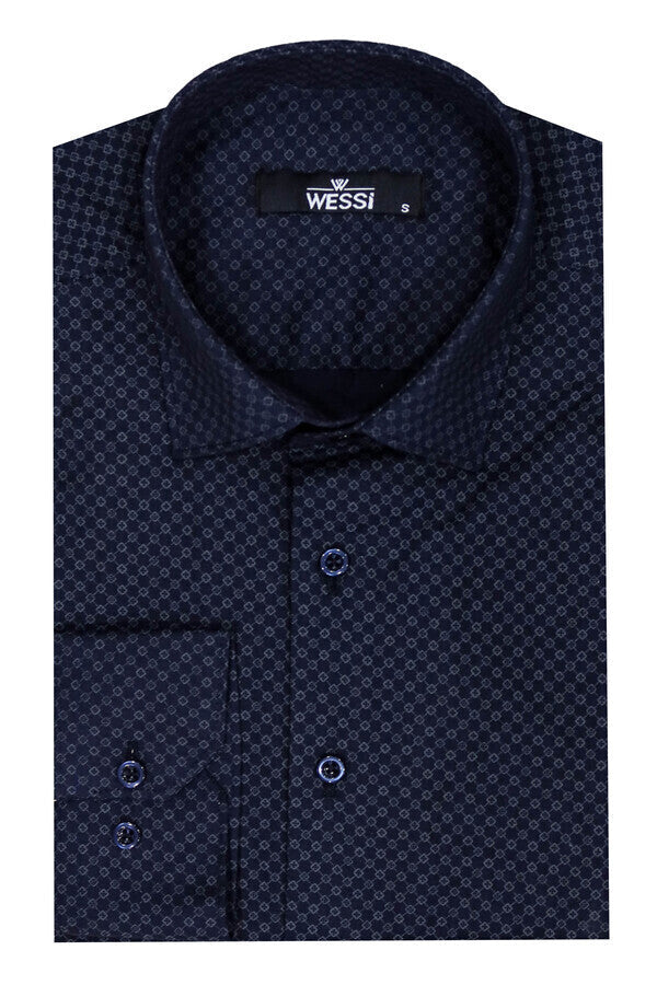 Camisa de corte entallado con estampado de cuadros diminutos en azul oscuro - Wessi