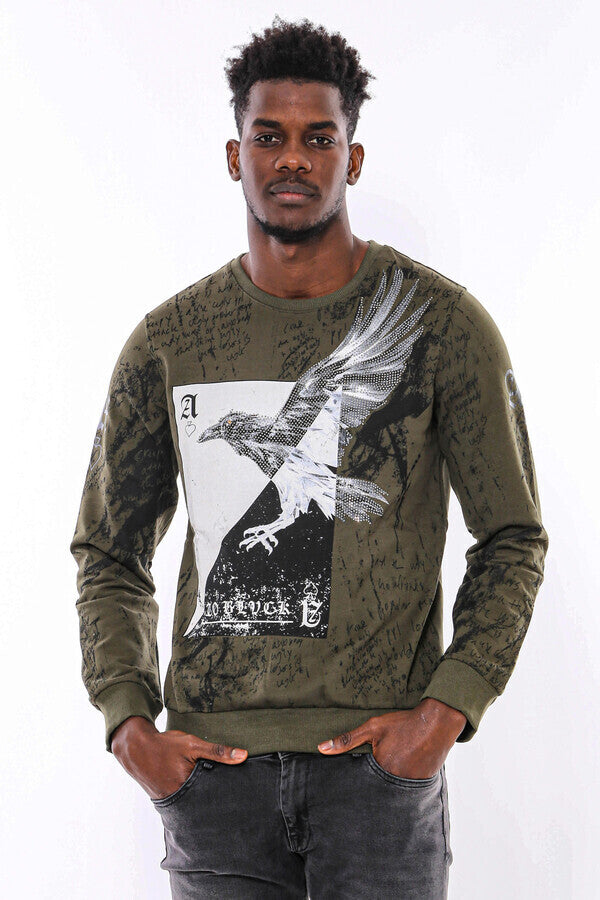 Dark Green Patterned Slim Fit Sweatshirt - Wessi