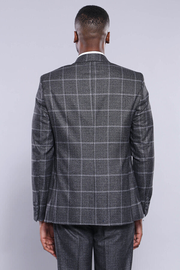 Anthracite  Blue Plaid 3 Piece Slim Fit Suit - Wessi