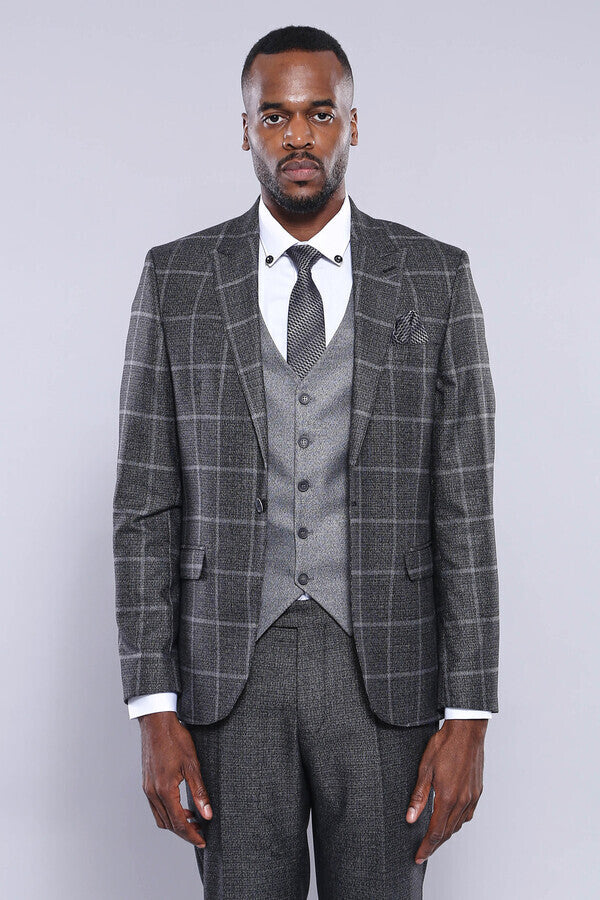 Anthracite  Blue Plaid 3 Piece Slim Fit Suit - Wessi