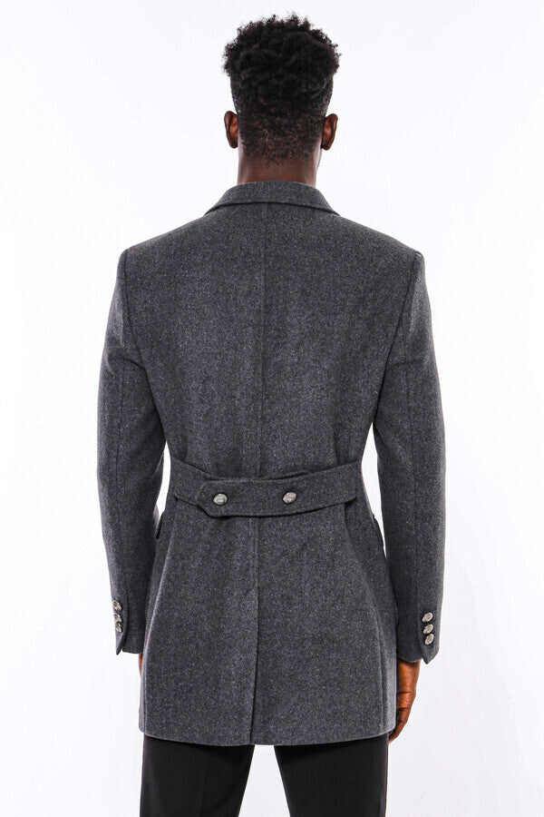 Dark Grey Metal Buttoned Double Breasted Long Coat - Wessi