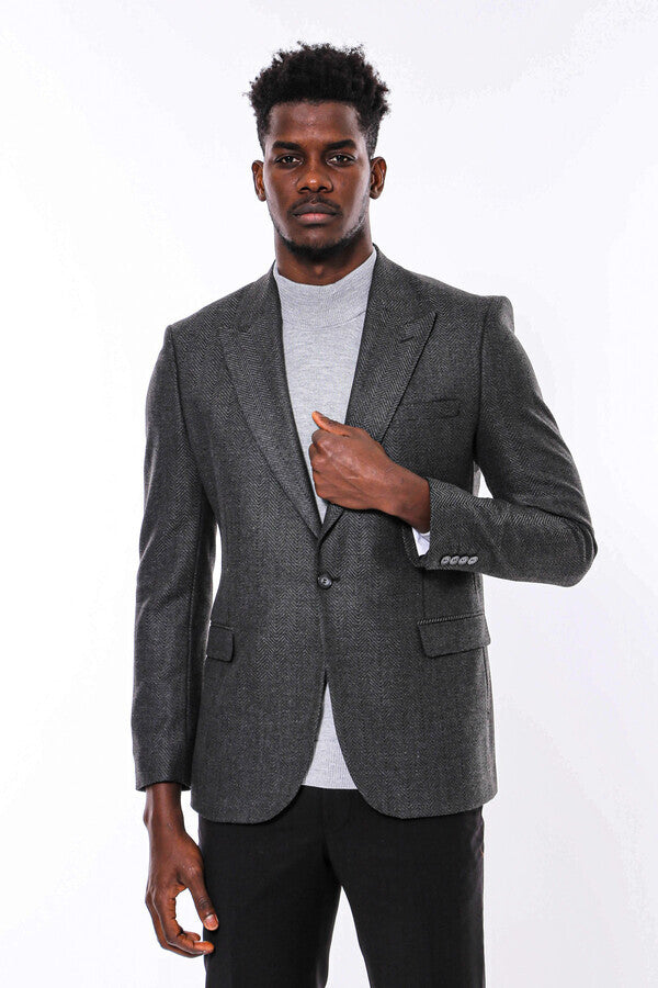 Dark Grey Patterned Slim Fit Blazer - Wessi