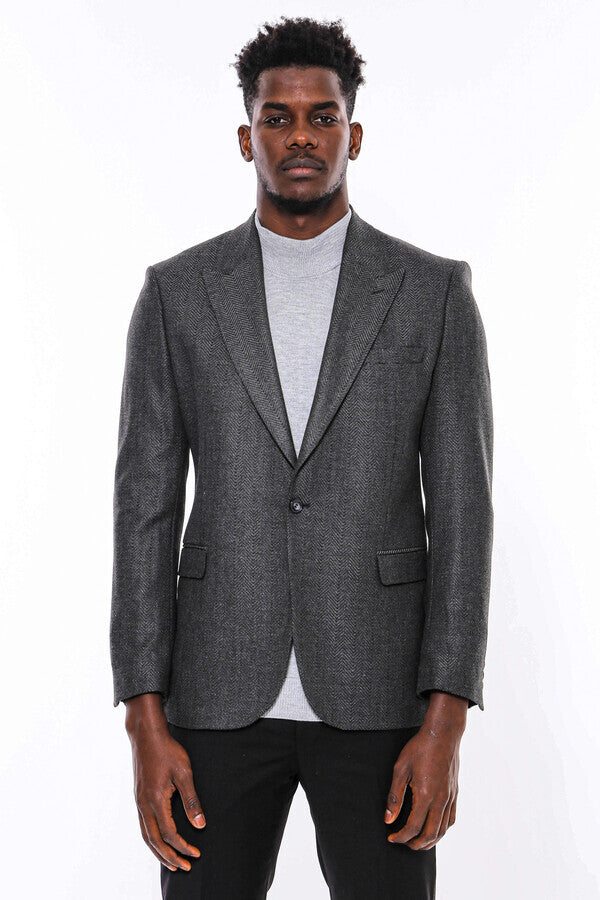 Dark Grey Patterned Slim Fit Blazer - Wessi