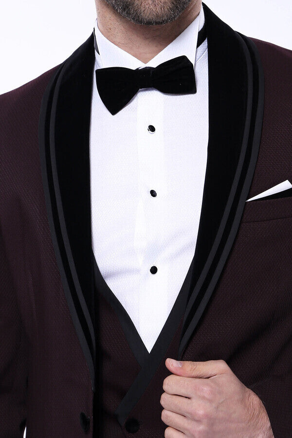 Detachable Velvet Lapel Burgundy Tuxedo - Wessi