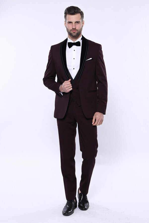 Detachable Velvet Lapel Burgundy Tuxedo - Wessi