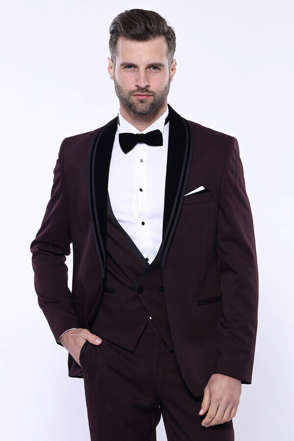 Detachable Velvet Lapel Burgundy Tuxedo - Wessi