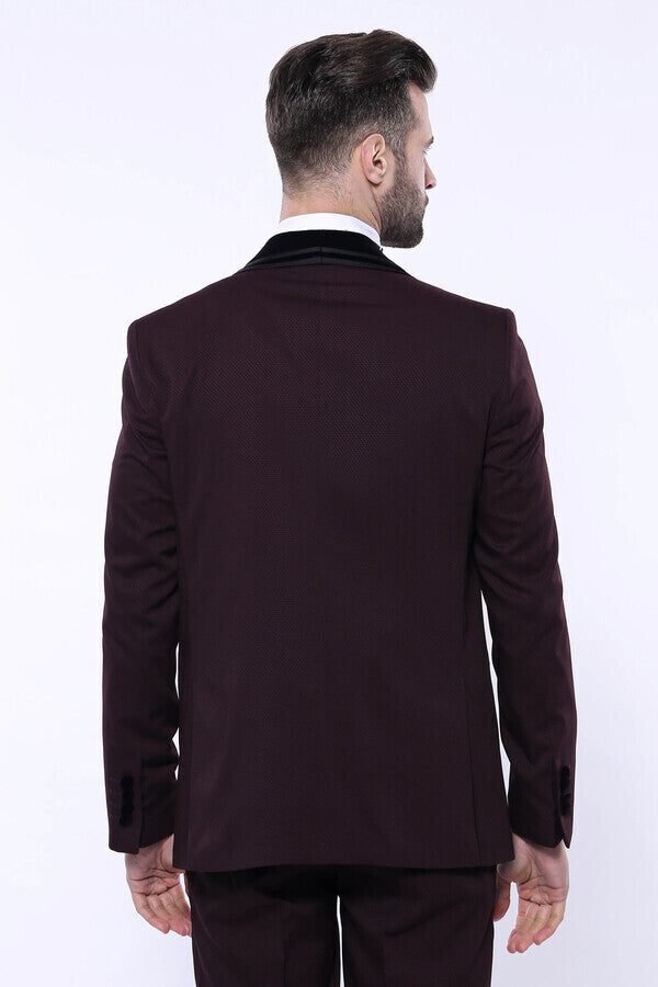 Detachable Velvet Lapel Burgundy Tuxedo - Wessi