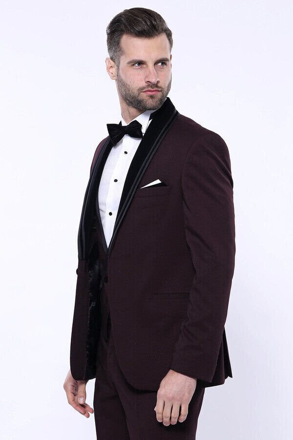 Detachable Velvet Lapel Burgundy Tuxedo - Wessi