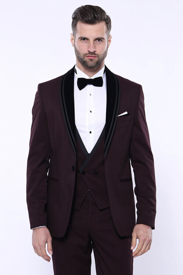 Detachable Velvet Lapel Burgundy Tuxedo - Wessi