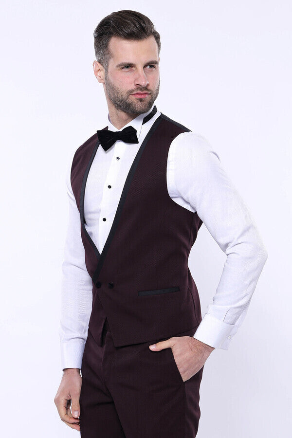 Detachable Velvet Lapel Burgundy Tuxedo - Wessi