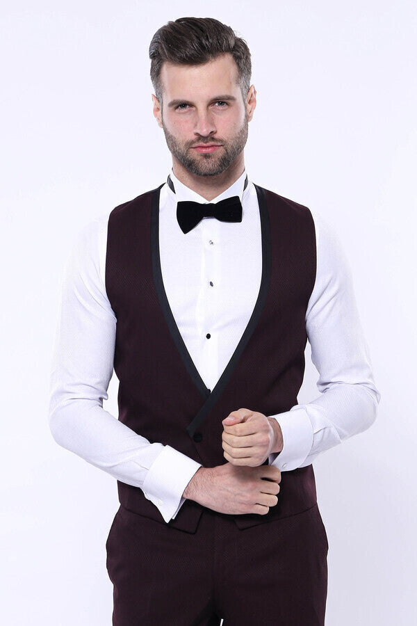 Detachable Velvet Lapel Burgundy Tuxedo - Wessi