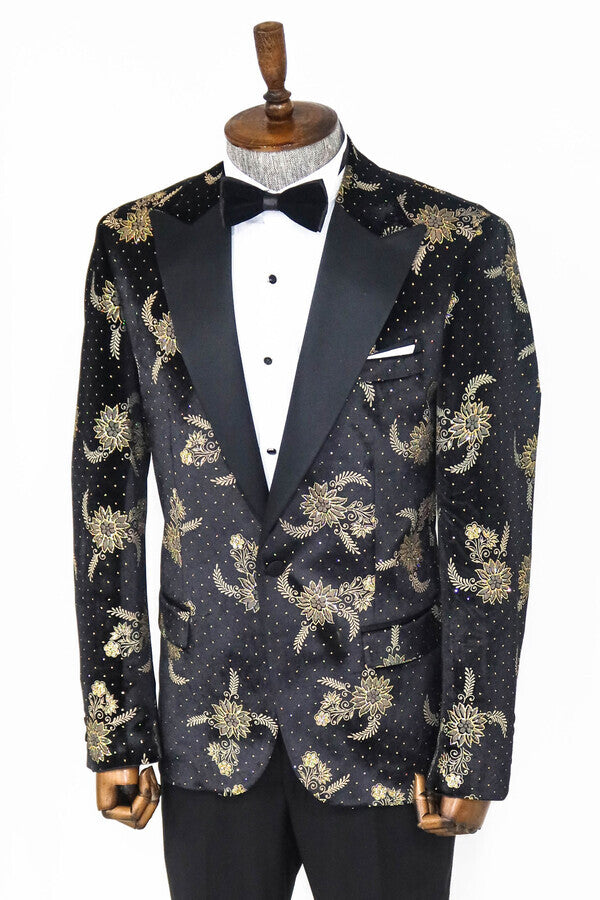 Blazer de terciopelo negro con estampado floral y lunares para hombre - Wessi