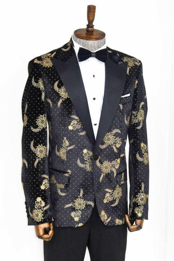 Blazer de terciopelo negro con estampado floral y lunares para hombre - Wessi