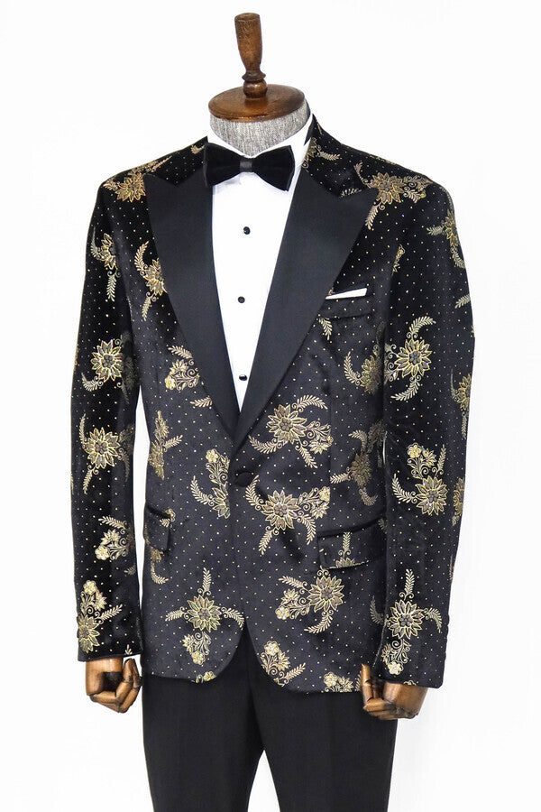 Dot Floral Patterned Velvet Black Men Prom Blazer - Wessi