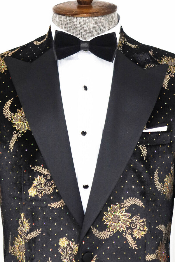 Dot Floral Patterned Velvet Black Men Prom Blazer - Wessi