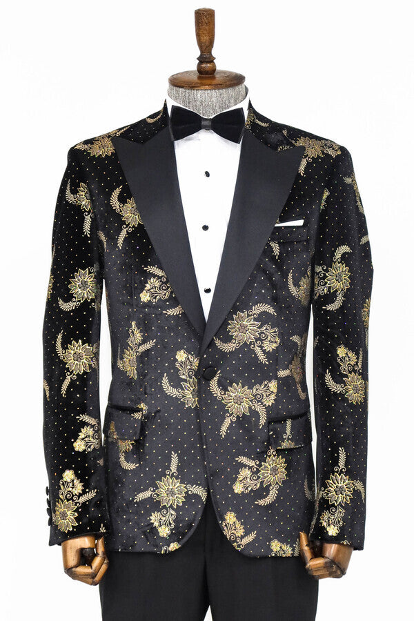 Dot Floral Patterned Velvet Black Men Prom Blazer - Wessi